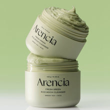 Load image into Gallery viewer, Two jars of Arencia Fresh Green Rice Mochi Cleanser on a light green background