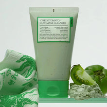 Load image into Gallery viewer, Green Tomato Clay Mask Cleanser with green tomato slices and a towel on a light gray background