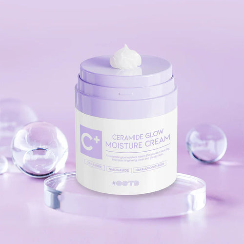 Ceramide Glow Moisture Cream jar with a purple background