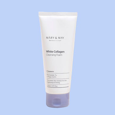 Tube of Mary&May White Collagen Cleansing Foam against a white background.