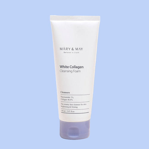 Tube of Mary&May White Collagen Cleansing Foam against a white background.