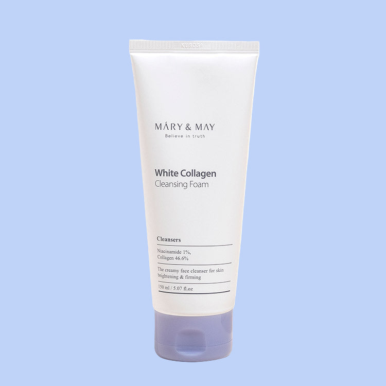 Tube of Mary&May White Collagen Cleansing Foam against a white background.